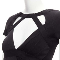 HERVE LEGER top nero con scollo a V e maniche a cappuccio, bodycon bandage XS