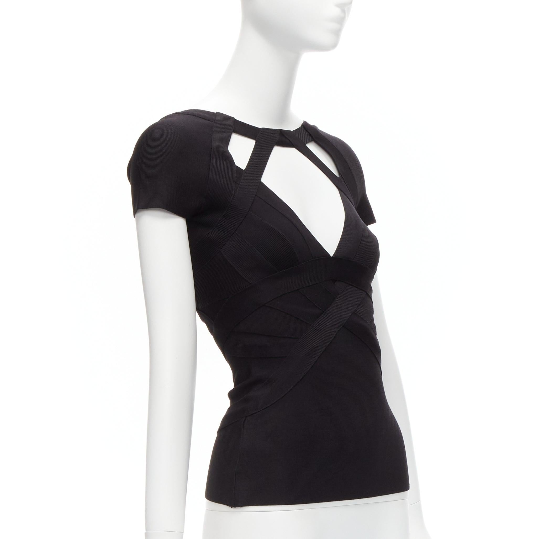 HERVE LEGER black V neck cut out chest cap sleeve bodycon bandage top XS In Excellent Condition For Sale In Hong Kong, NT