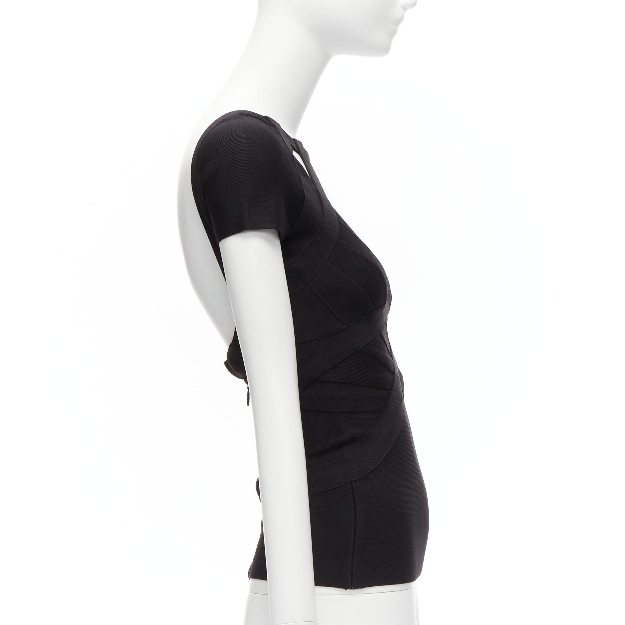 Women's HERVE LEGER black V neck cut out chest cap sleeve bodycon bandage top XS For Sale