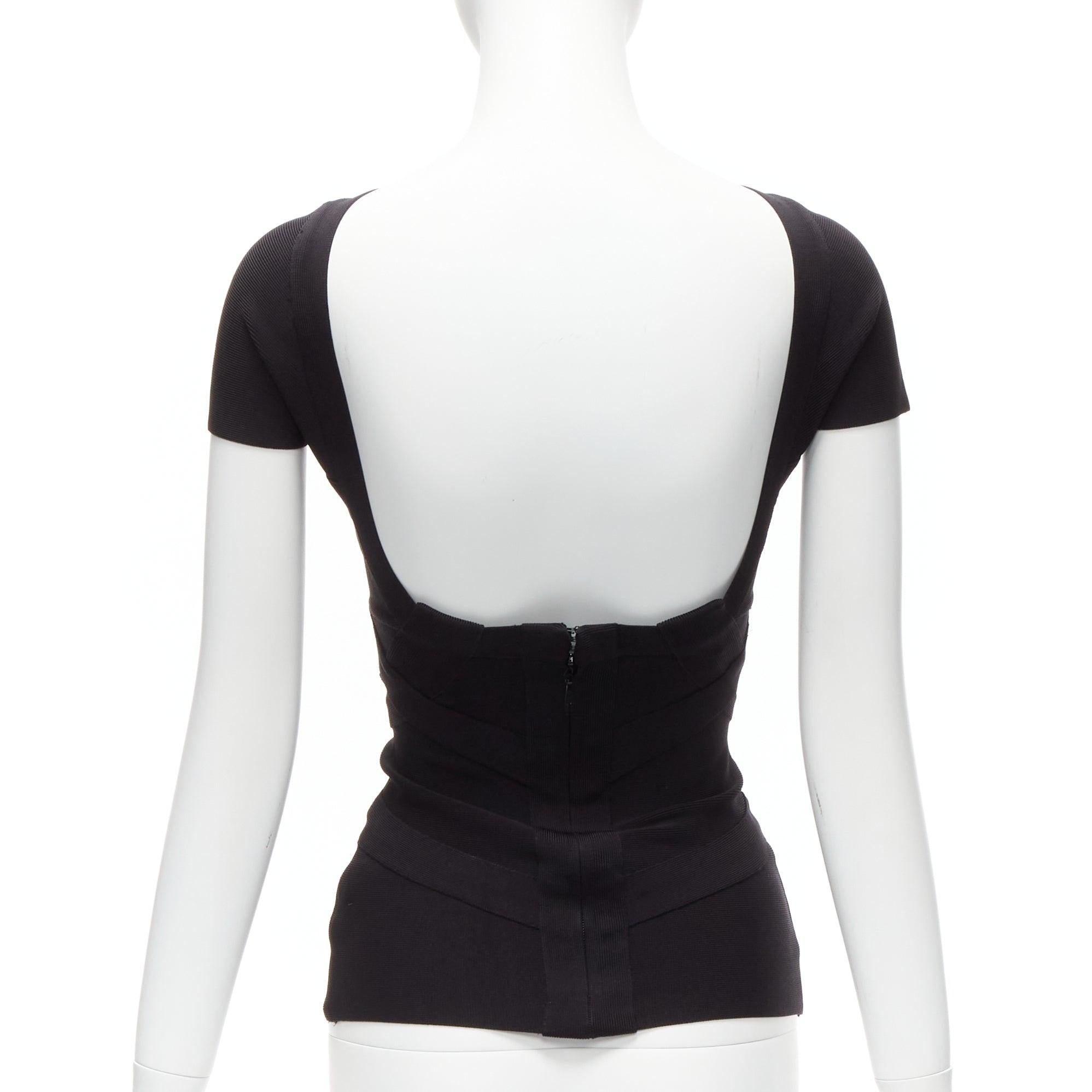 HERVE LEGER black V neck cut out chest cap sleeve bodycon bandage top XS For Sale 1