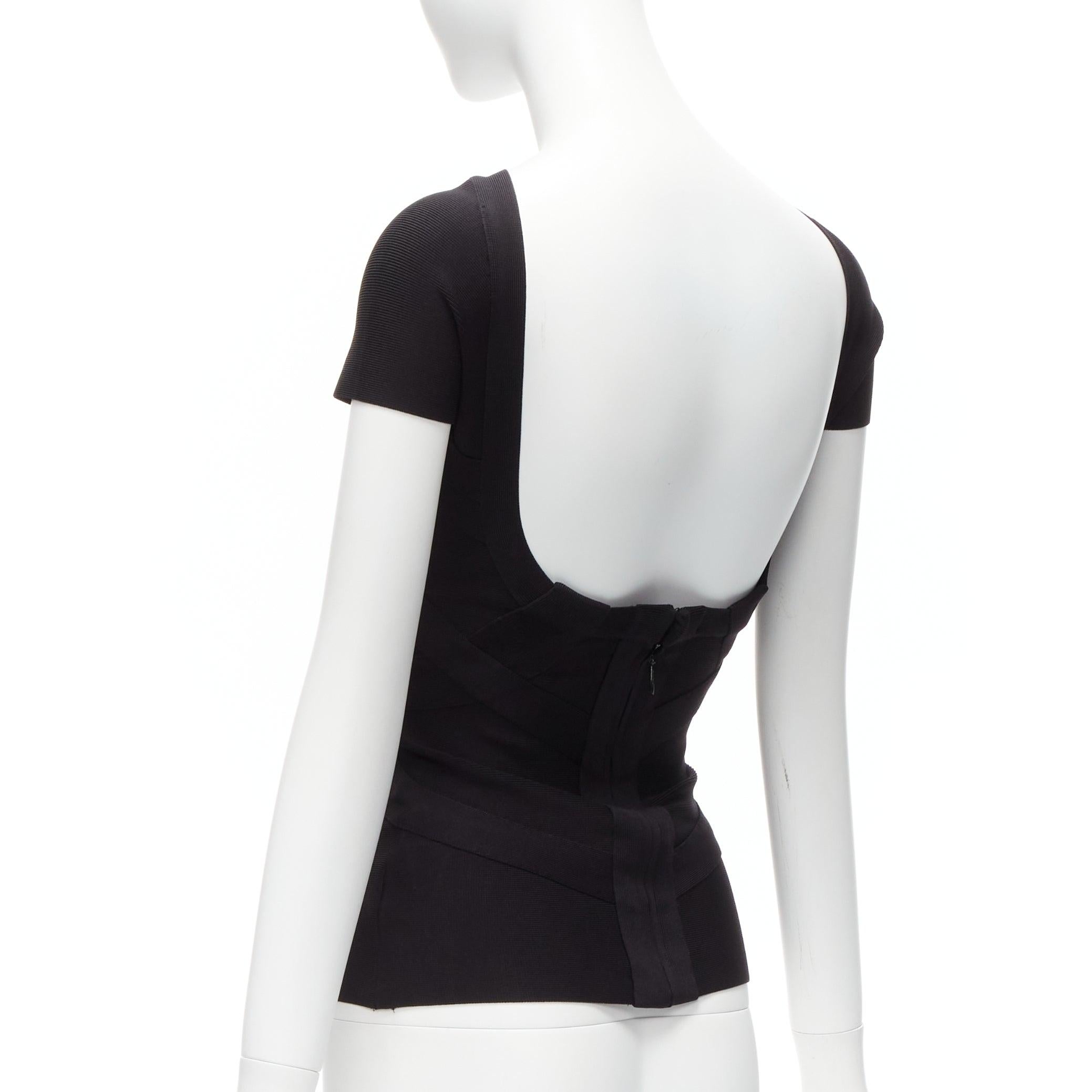 HERVE LEGER black V neck cut out chest cap sleeve bodycon bandage top XS For Sale 2