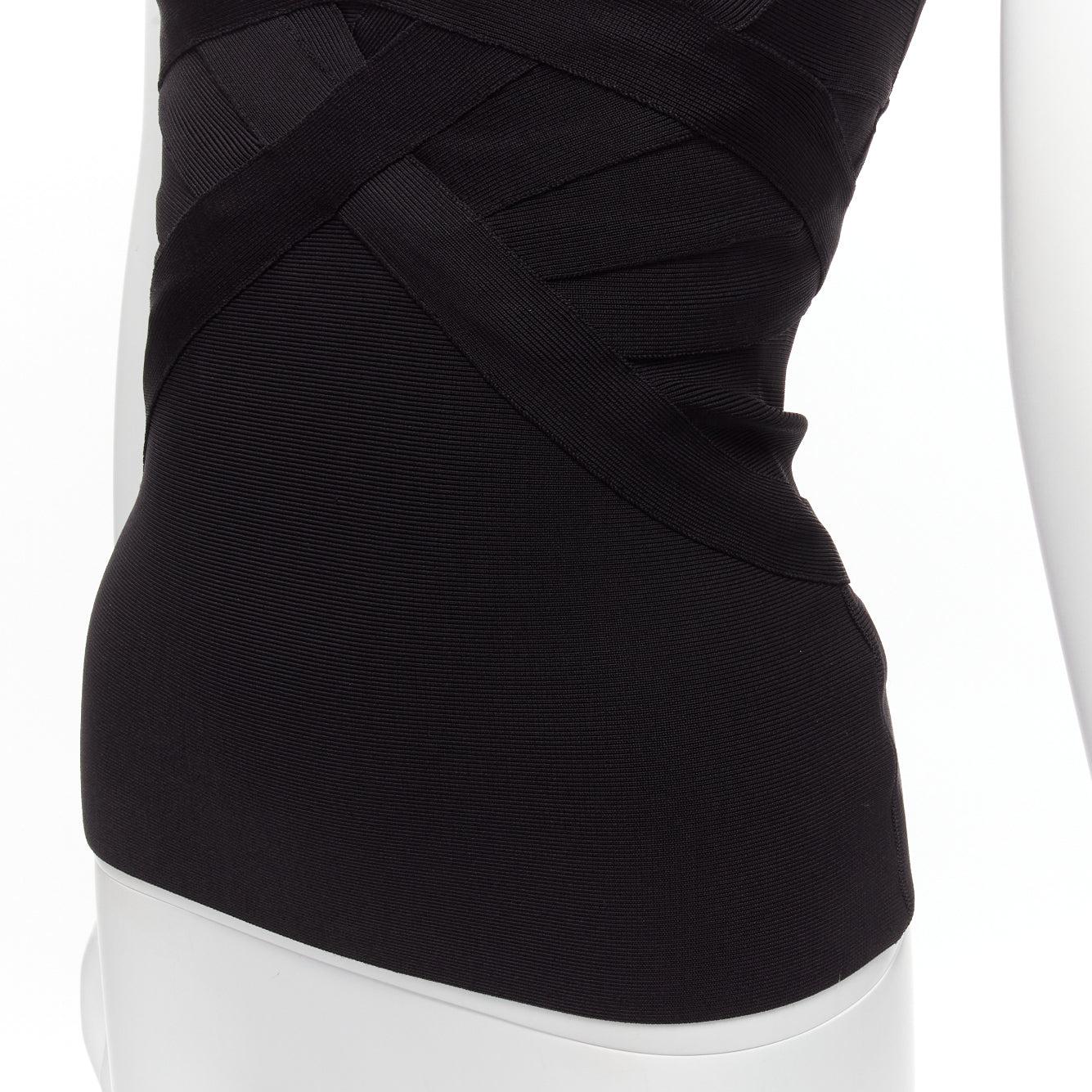 HERVE LEGER black V neck cut out chest cap sleeve bodycon bandage top XS For Sale 3