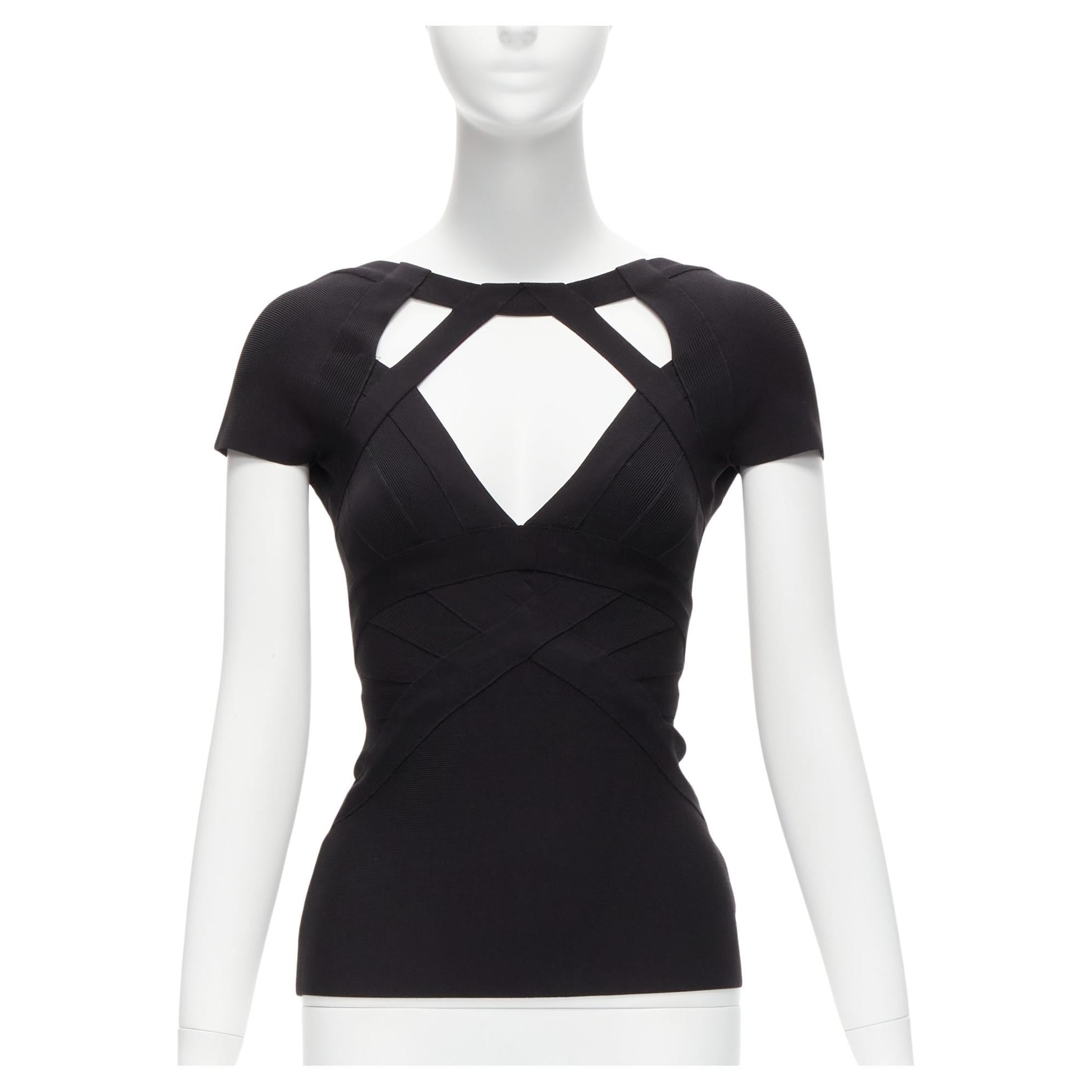 HERVE LEGER black V neck cut out chest cap sleeve bodycon bandage top XS For Sale
