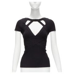 HERVE LEGER schwarzer V-Ausschnitt mit ausgeschnittener Brust und CAP-Ärmeln Bodycon-Bandage-Top XS