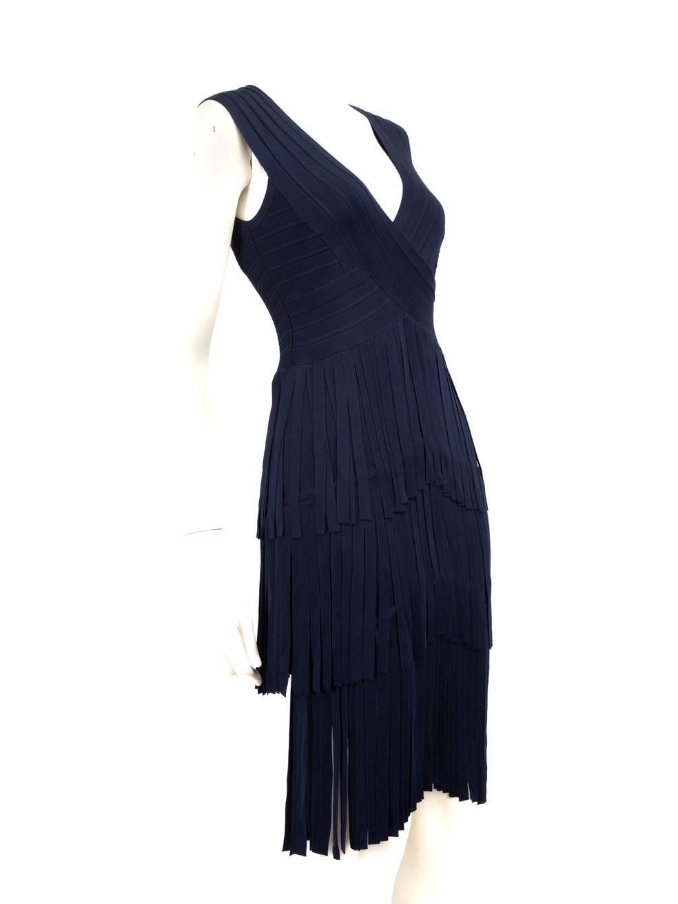 CONDITION is Never worn, with tags. No visible wear to the dress is evident on this new Herve Leger designer resale item.
 
 
 
 Details
 
 
 Blue
 
 Rayon
 
 Dress
 
 Bodycon
 
 Knee length
 
 Fringed trim
 
 Sleeveless
 
 Back zip and hook
