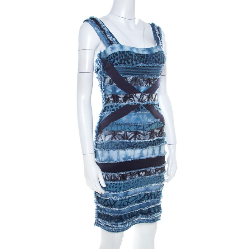 Herve Leger Blue Knit Denim Patch Detail Bandage Dress XS 1
