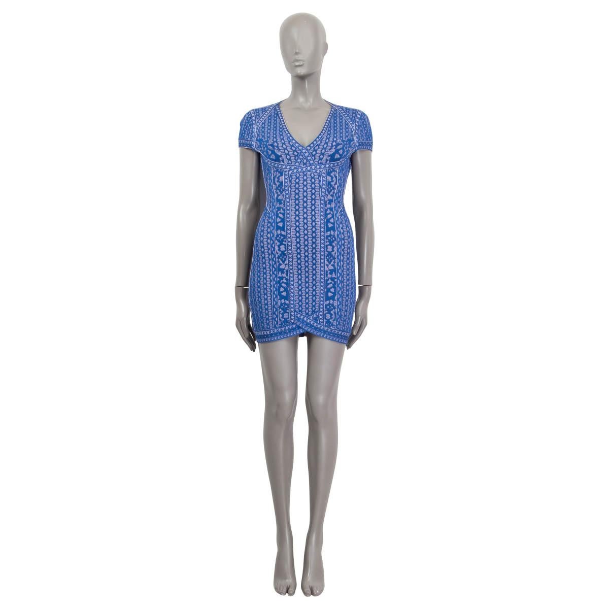 100% authentic Herve Leger bandage dress in blue and pink rayon (90%), nylon (9%) and spandex (1%). Features an open back. Opens with a zipper and a hook on the back and a hook at the neck. Unlined. Has been worn and is in excellent