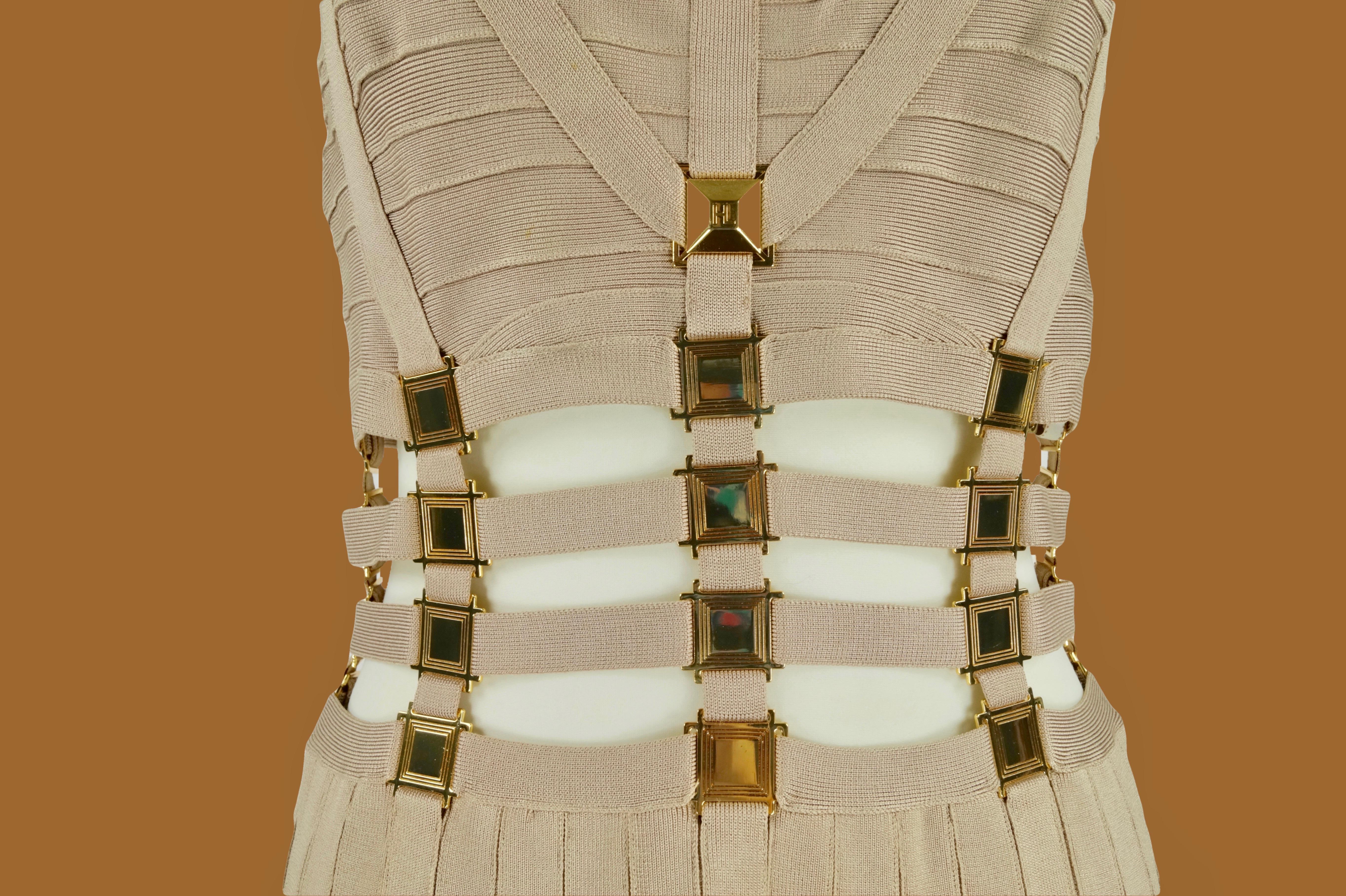 Women's Hervé Leger bodycon dress stock on gold size L For Sale