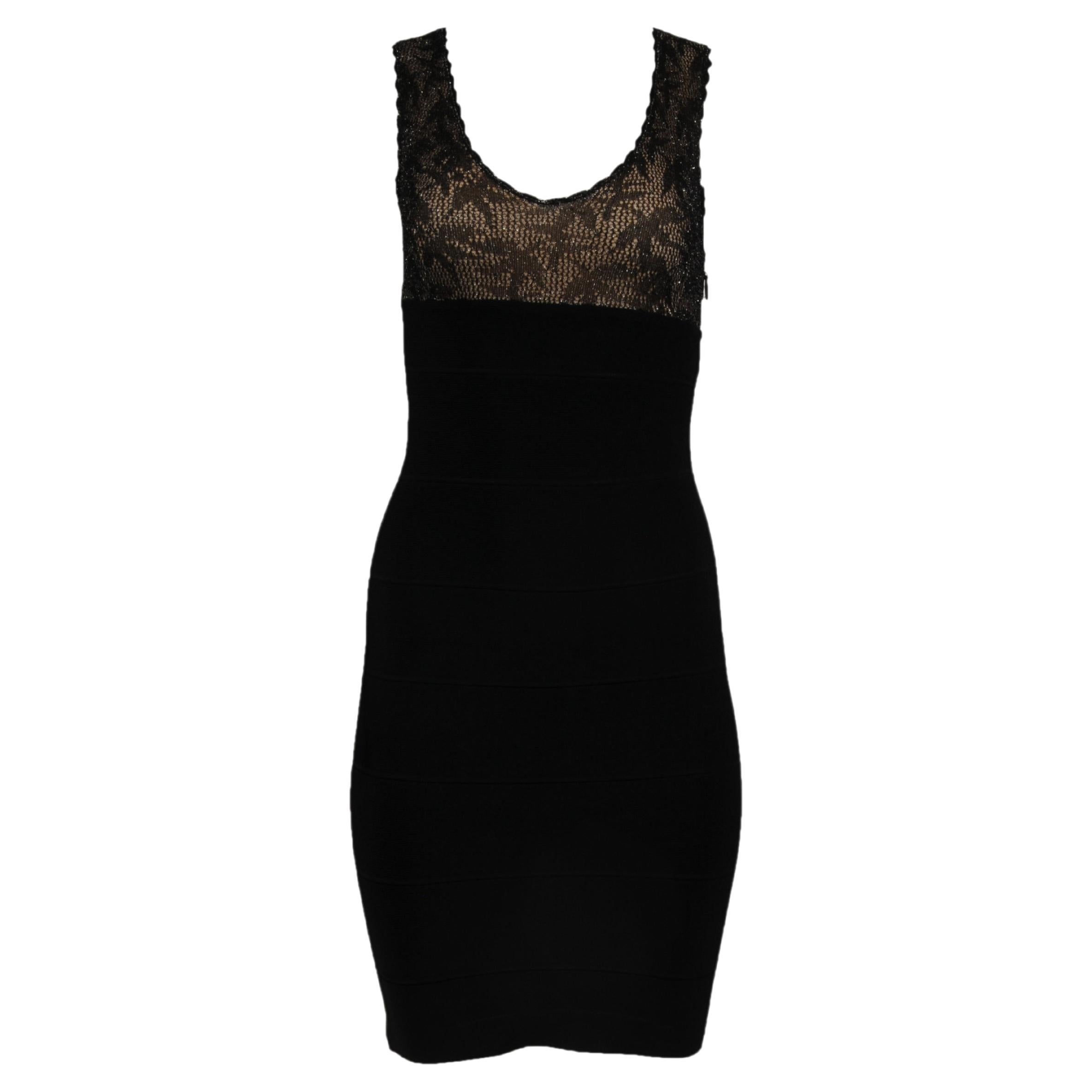 Herve Leger Bodycon V Neck Lace Dress Size XS Black Tan Semi Sheer