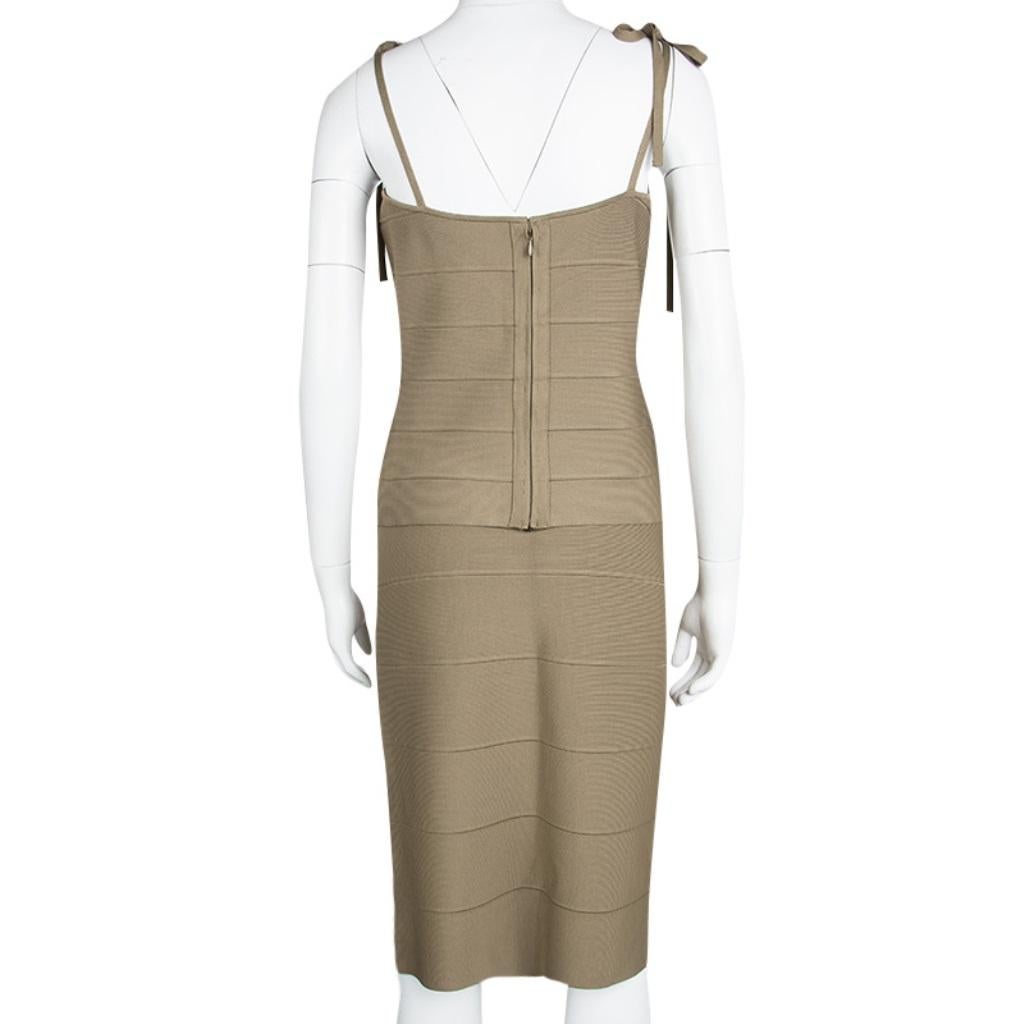 Herve Leger Brown Bandage Tie Detail Top and Skirt Set M In Good Condition In Dubai, Al Qouz 2