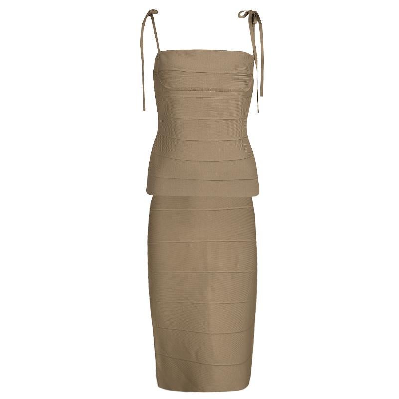 Herve Leger Brown Bandage Tie Detail Top and Skirt Set M