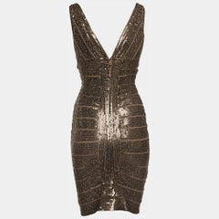 Herve Leger Brown Pailletten Ärmelloses Bodycon Kleid S