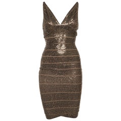 Herve Leger Brown Pailletten Ärmelloses Bodycon Kleid S