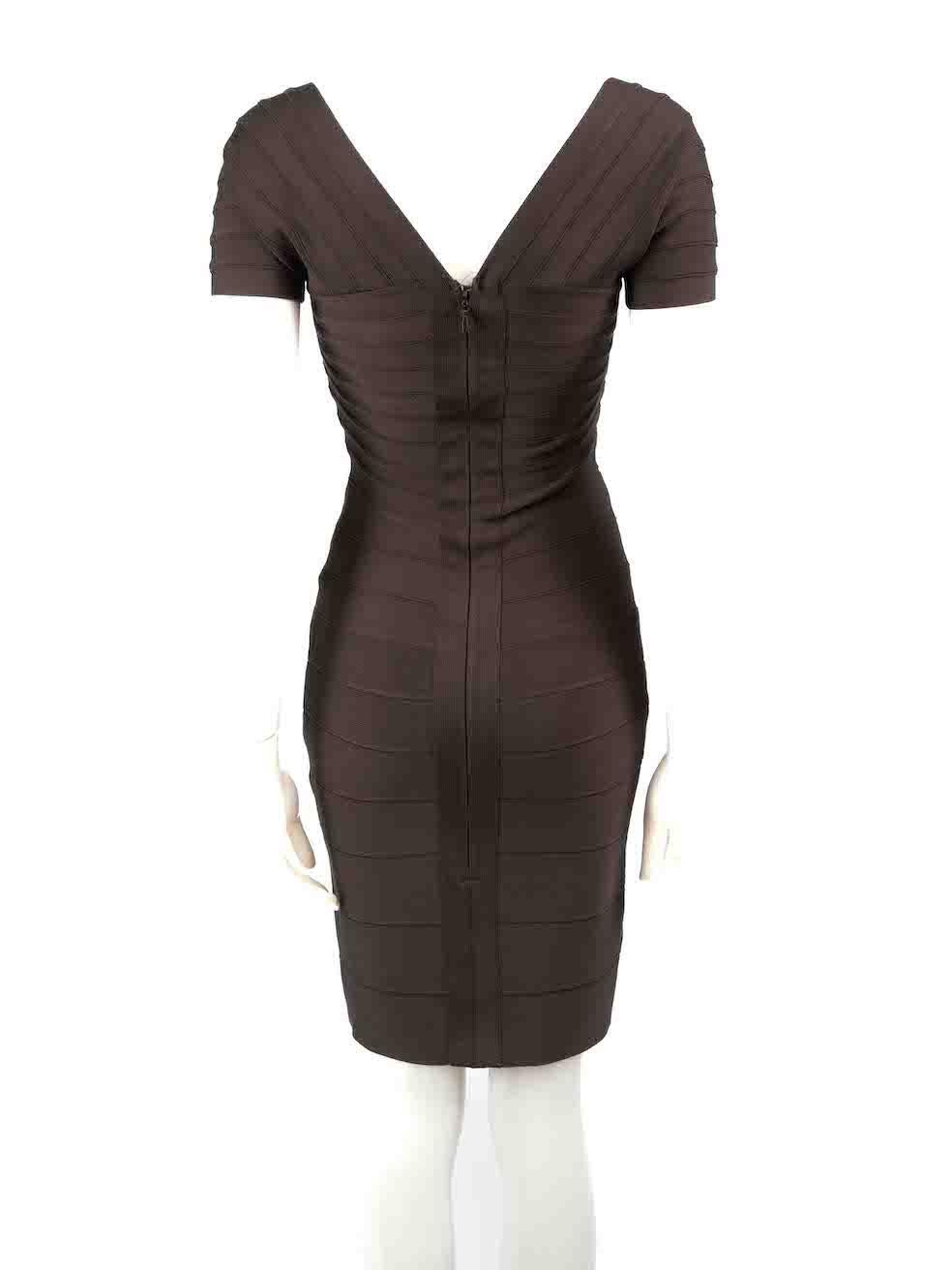 Herve Leger Brown Square Neck Bandage Midi Dress Size XS In Good Condition For Sale In London, GB