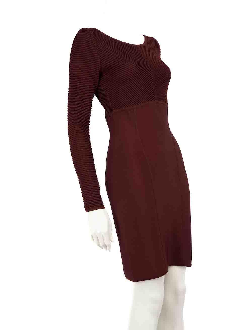 CONDITION is Very good. Minimal wear to dress is evident. Small hole to the bottom of the back zip on this used Herve Leger designer resale item.
  
  
  
  Details
  
  
  Burgundy
  
  Viscose
  
  Bodycon dress
  
  Long sleeves
  
  Mini
  
 