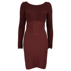 Used Herve Leger Burgundy Long Sleeves Bodycon Mini Dress Size L
