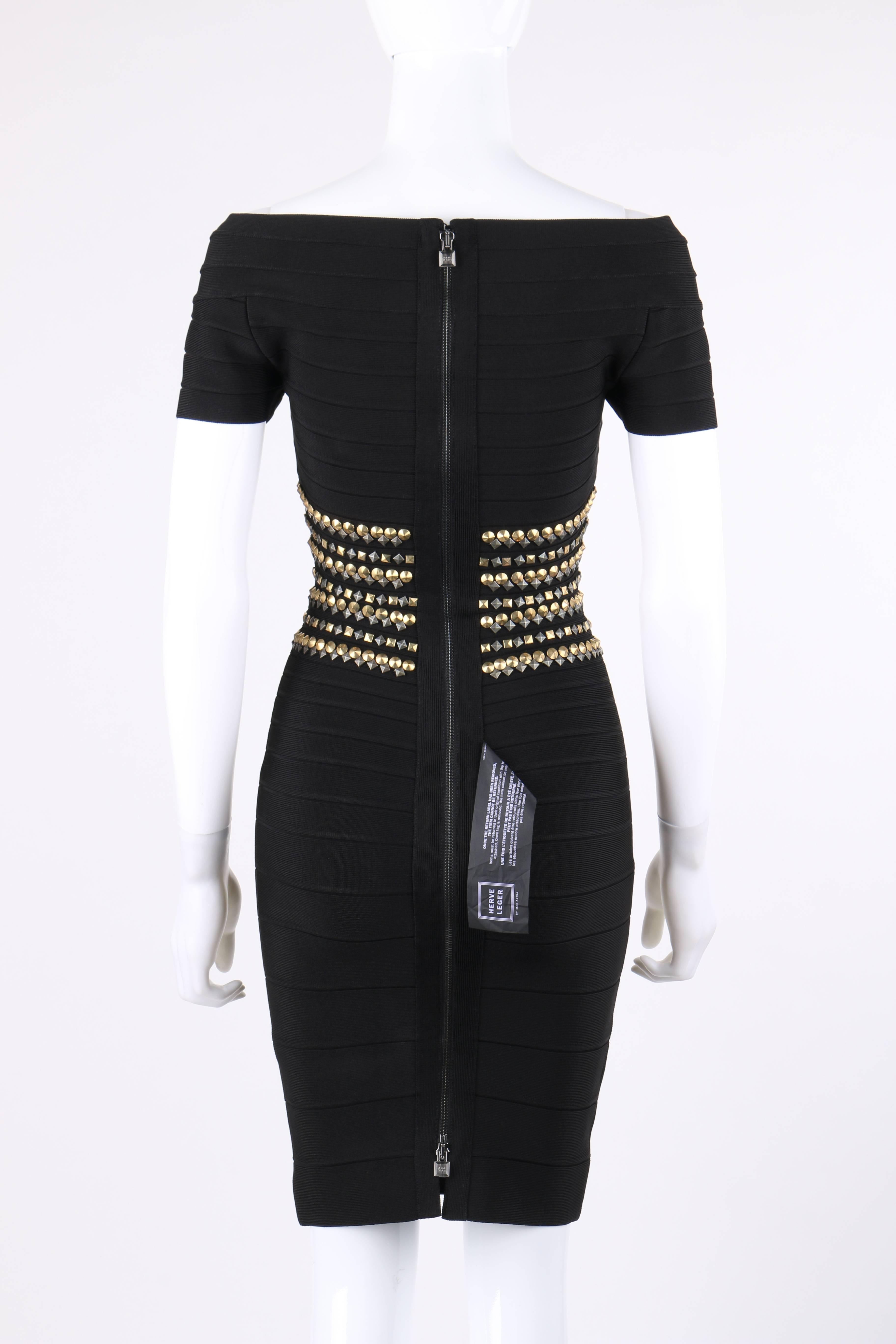 HERVE LEGER c2014 "Carmen" Black Bandage Knit Studded Bodycon Cocktail Dress  NWT For Sale at 1stDibs