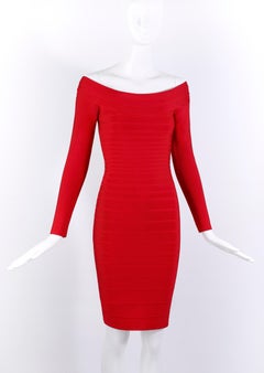 Herve Leger Candice Lip Stick Red Off The Shoulder Long Sleeve Bodycon Dress XS