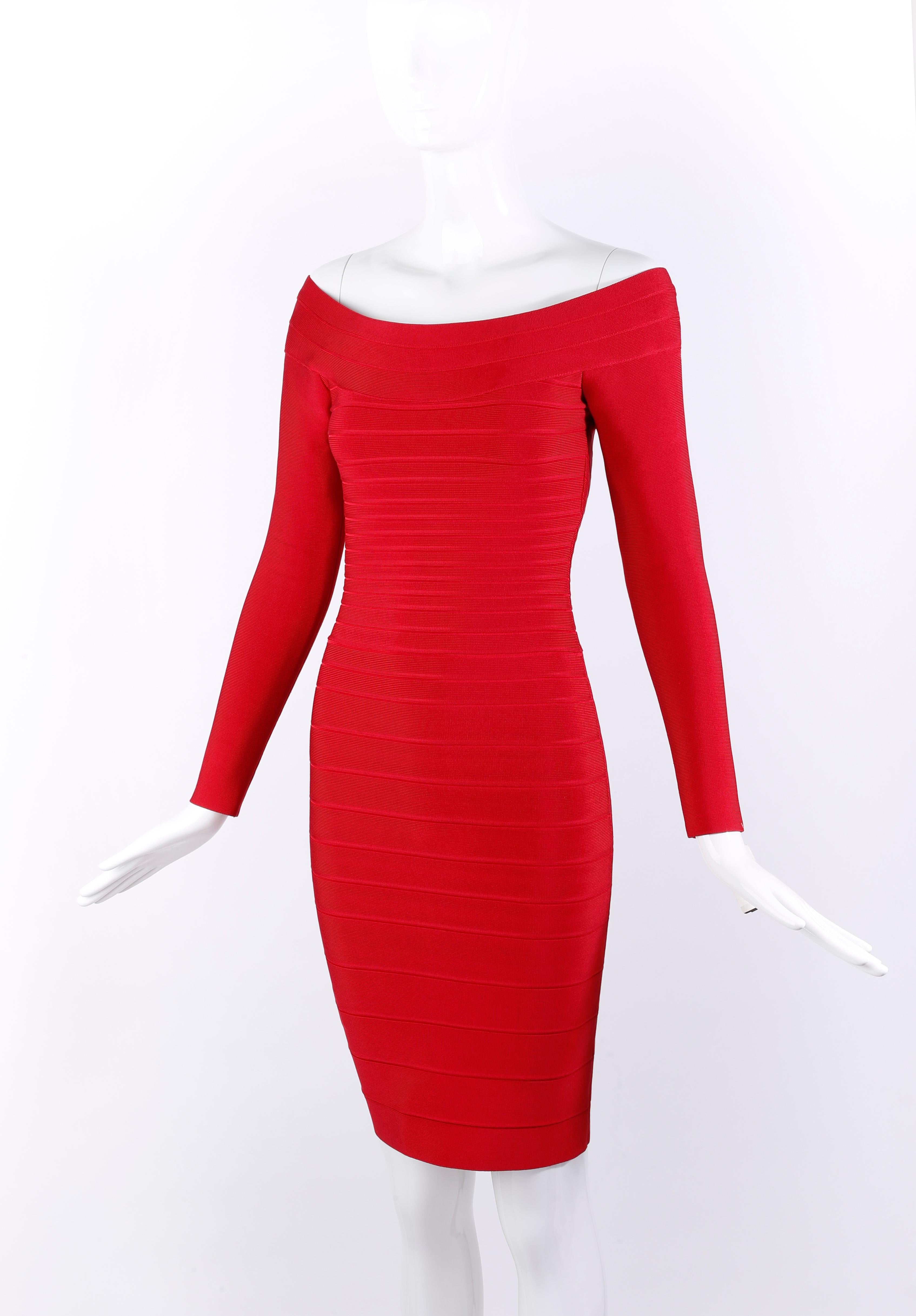 Herve Leger Candice Lip Stick Red Off The Shoulder Long Sleeve Bodycon Dress XS In Excellent Condition For Sale In Chicago, IL