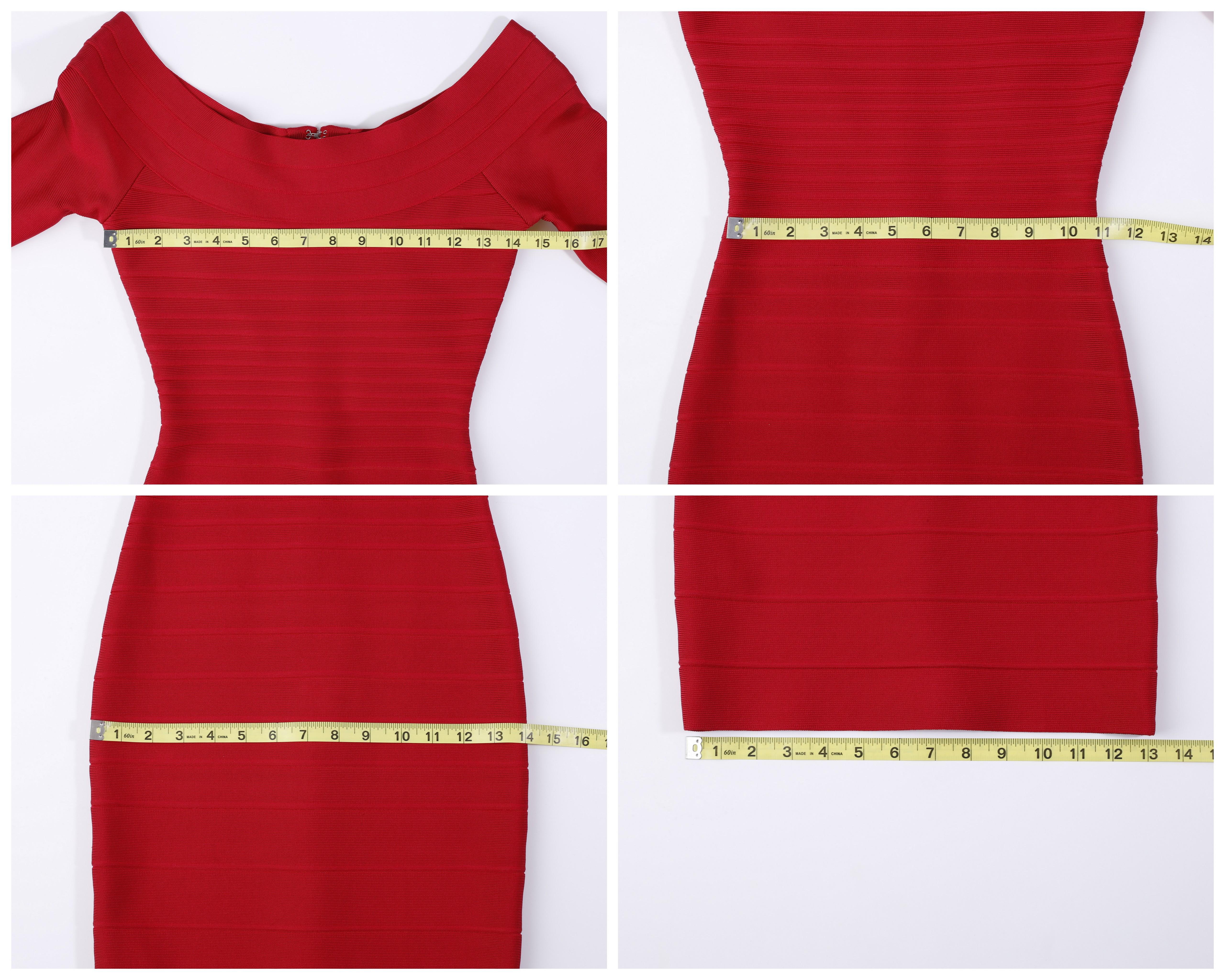 Herve Leger Candice Lip Stick Red Off The Shoulder Long Sleeve Bodycon Dress XS For Sale 1