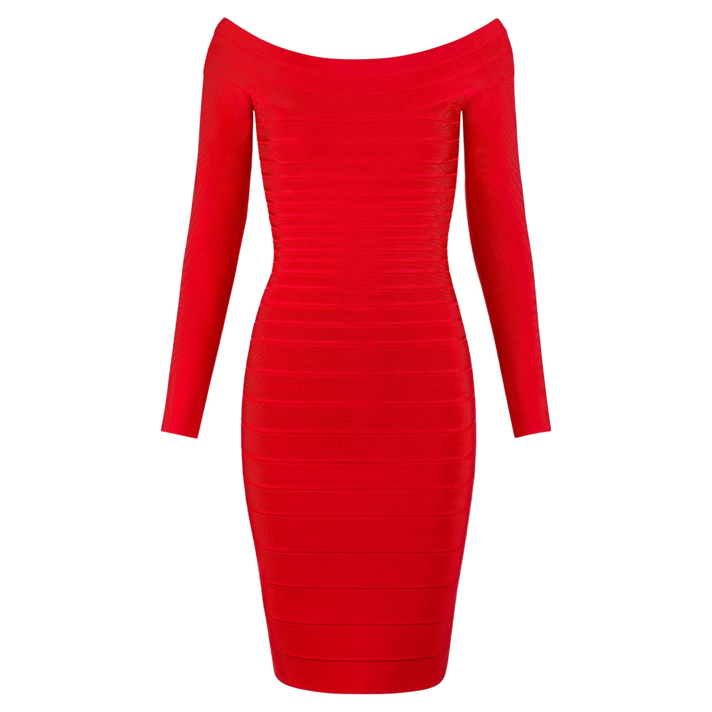 Herve Leger Candice Lip Stick Red Off The Shoulder Long Sleeve Bodycon Dress XS