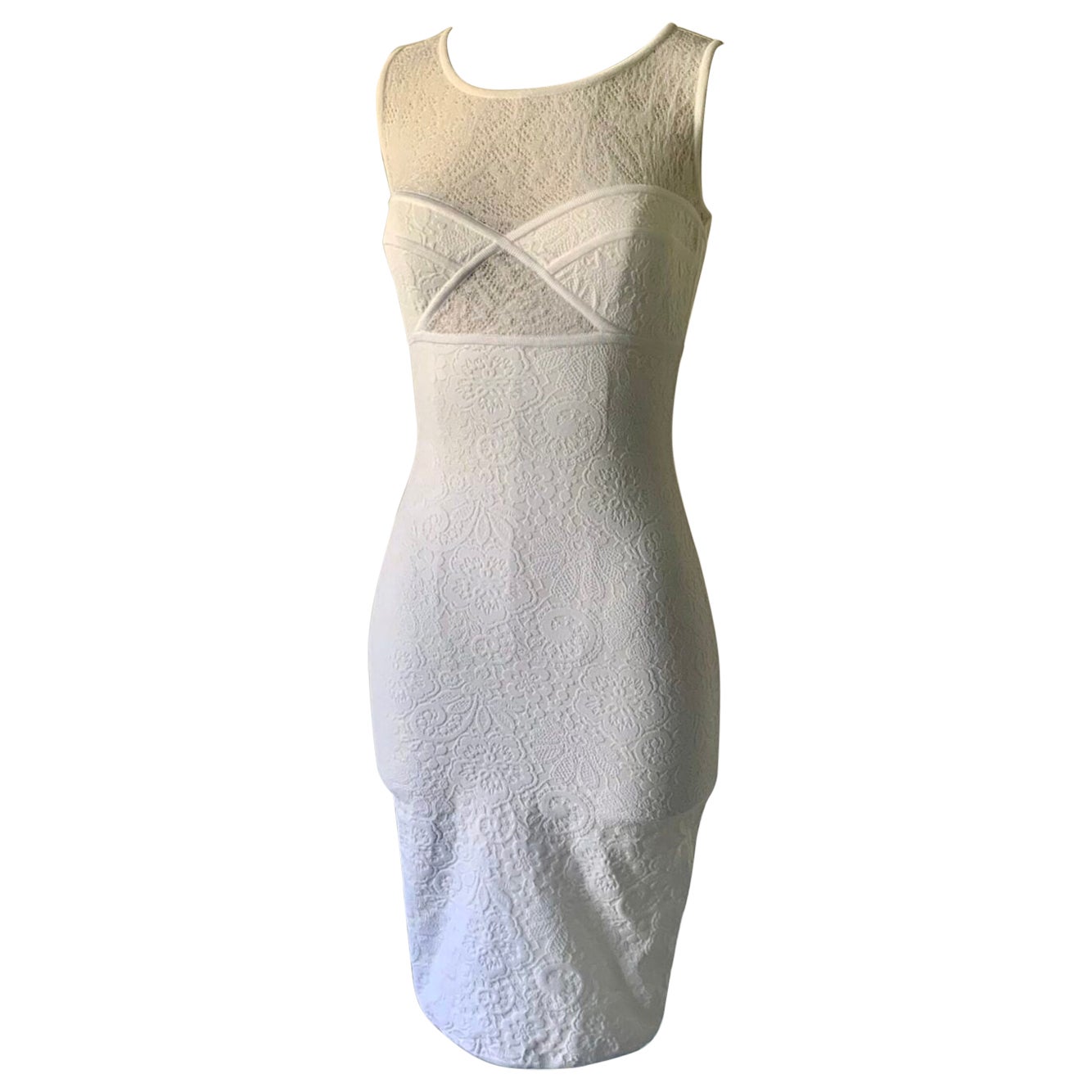 Vestido midi ajustado con estampado floral blanco de Hervé Léger, de la temporada Primavera-Verano 1990-1991, más o menos