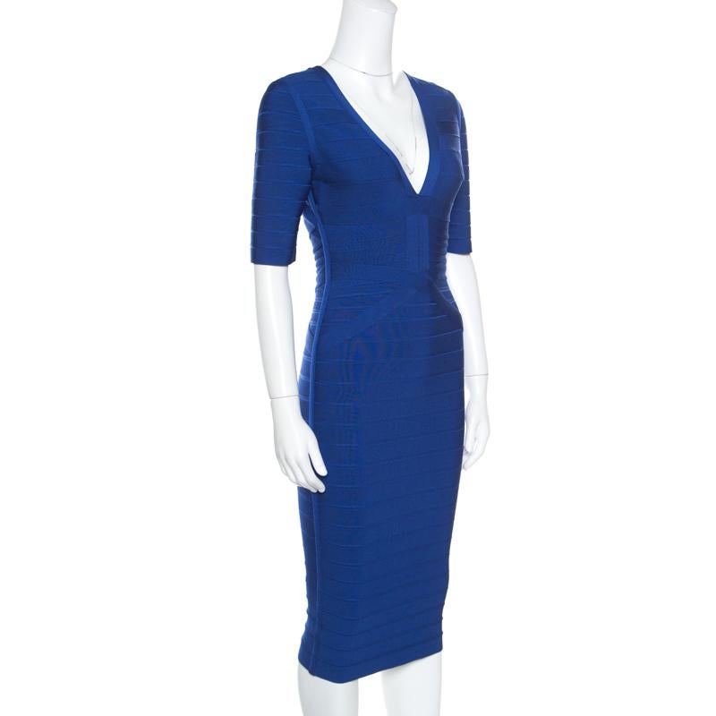 Whether it is a day affair or a night event, you cannot go wrong with this simple yet elegant cobalt blue creation from Herve Leger. Ingeniously crafted from bandages, the rayon blend dress features horizontal stripes and a plunging V-neckline. On