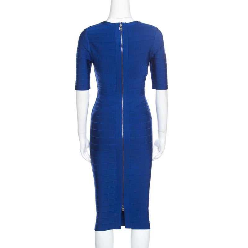 Whether it is a day affair or a night event, you cannot go wrong with this simple yet elegant cobalt blue creation from Herve Leger. Ingeniously crafted from bandages, the rayon blend dress features horizontal stripes and a plunging V-neckline. On