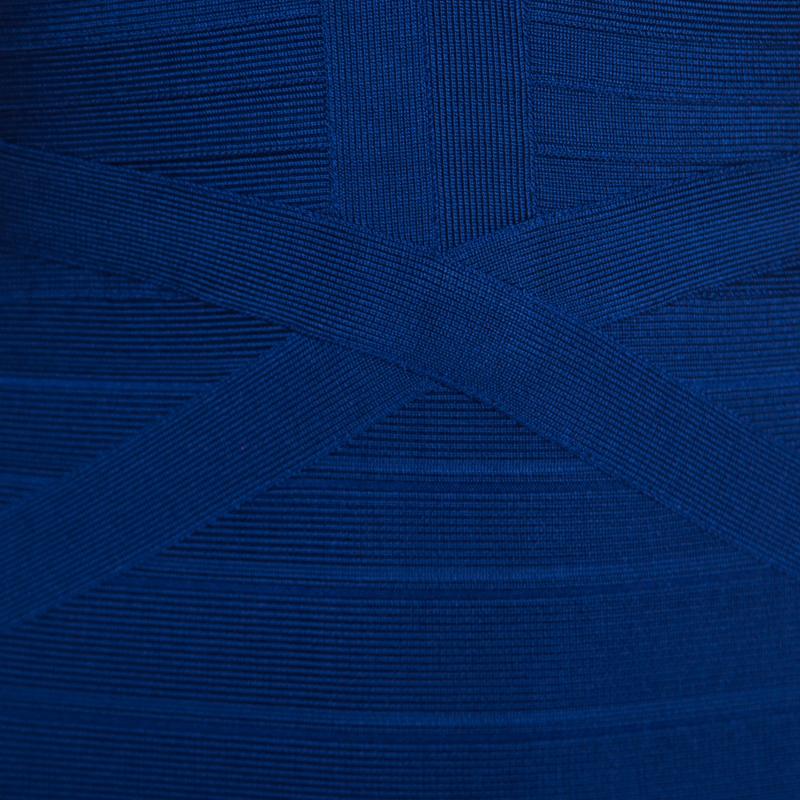 Herve Leger Cobalt Blue Plunge Neck Cybil Bandage Dress S In Good Condition In Dubai, Al Qouz 2