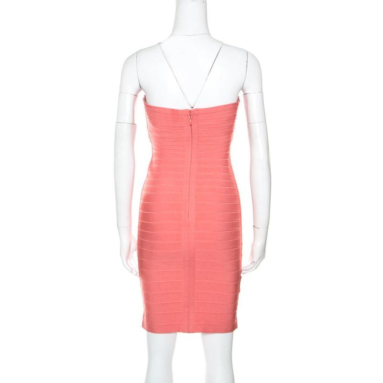 Herve Leger Coral Pink Strapless Arabella Bandage Dress S For Sale at ...