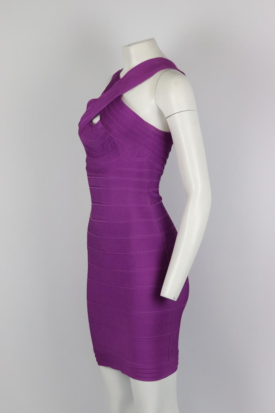 Herve Leger cutout bandage mini dress. Purple. Sleeveless, v-neck. Zip fastening at back. 90% Rayon, 9% nylon, 1% elastane. Size: Small (UK 8, US 4, FR 36, IT 40). Bust: 30 in. Waist: 22 in. Hips: 29.5 in. Length: 35.5 in. Good condition - Few marks