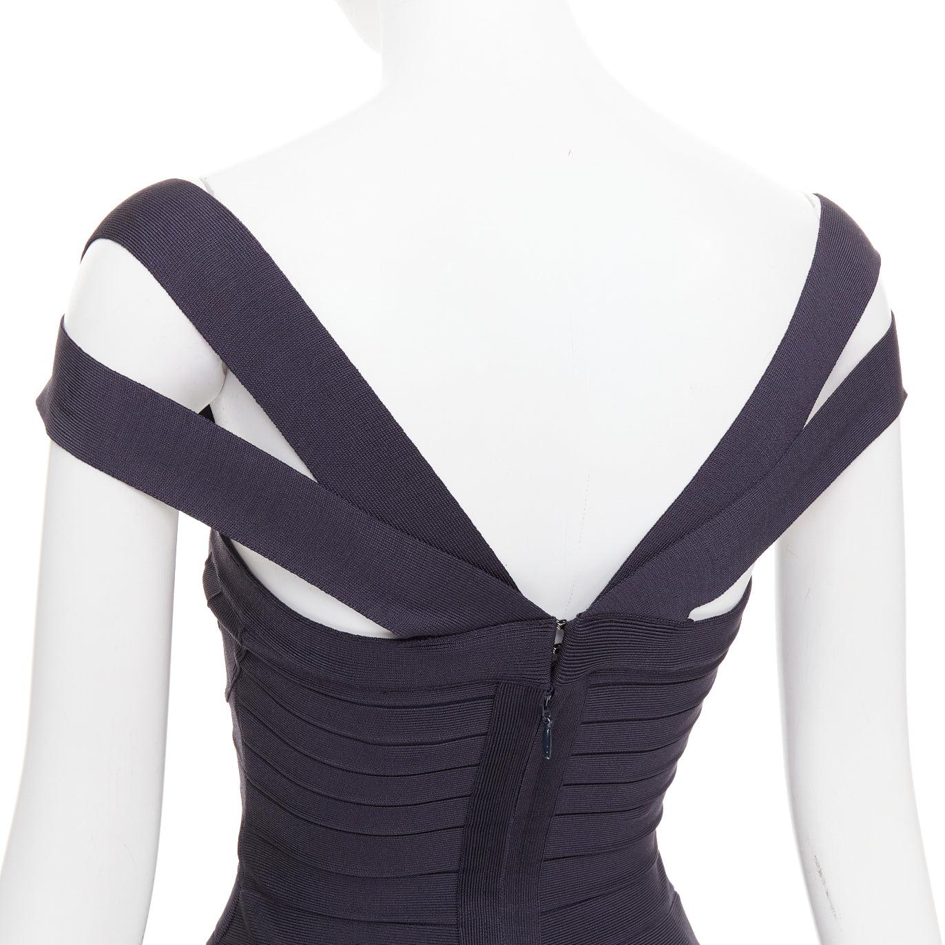 HERVE LEGER dark blue square neck bodycon bandage dress XXS
Reference: CC/A00496
Brand: Herve Leger
Material: Rayon, Blend
Color: Blue
Pattern: Solid
Closure: Zip
Made in: China

CONDITION:
Condition: Excellent, this item was pre-owned and is in
