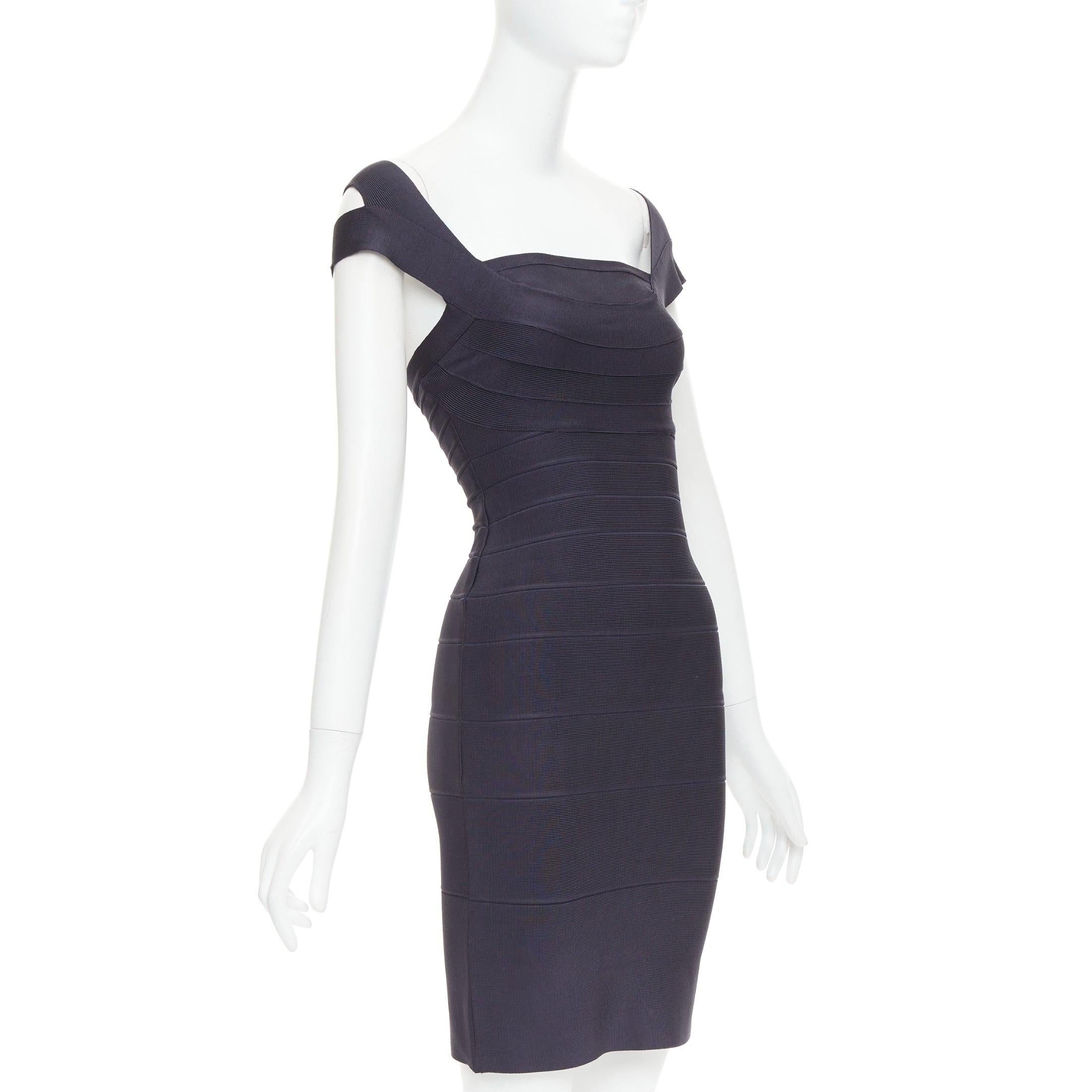 Black HERVE LEGER dark blue square neck bodycon bandage dress XXS For Sale