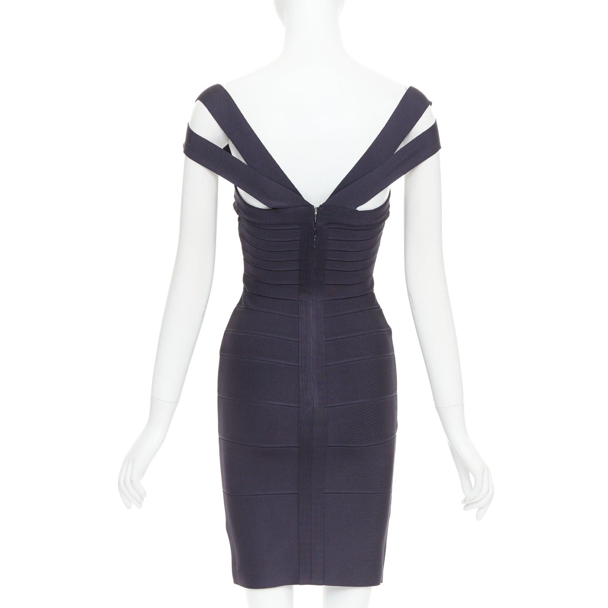 Women's HERVE LEGER dark blue square neck bodycon bandage dress XXS For Sale