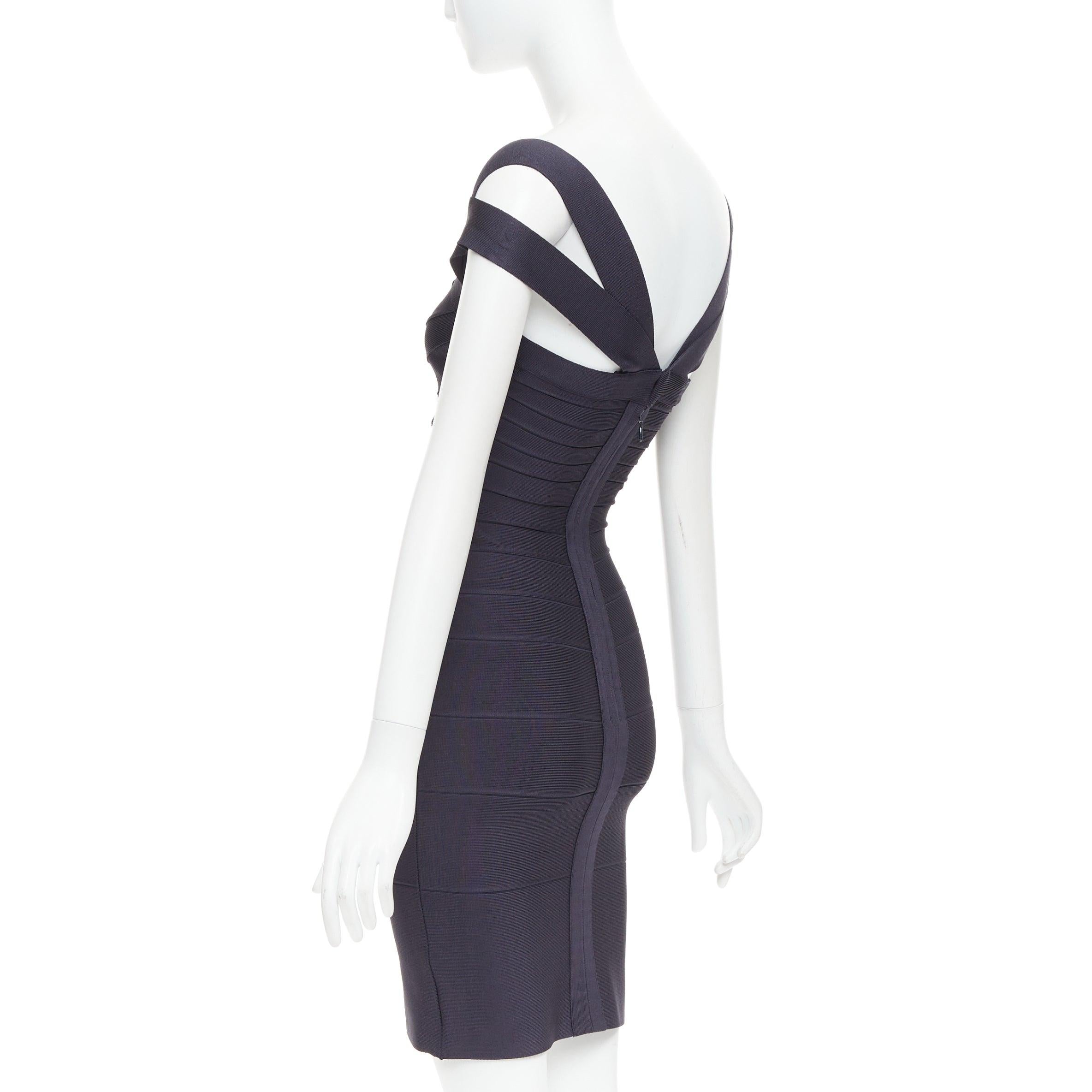 HERVE LEGER dark blue square neck bodycon bandage dress XXS For Sale 1