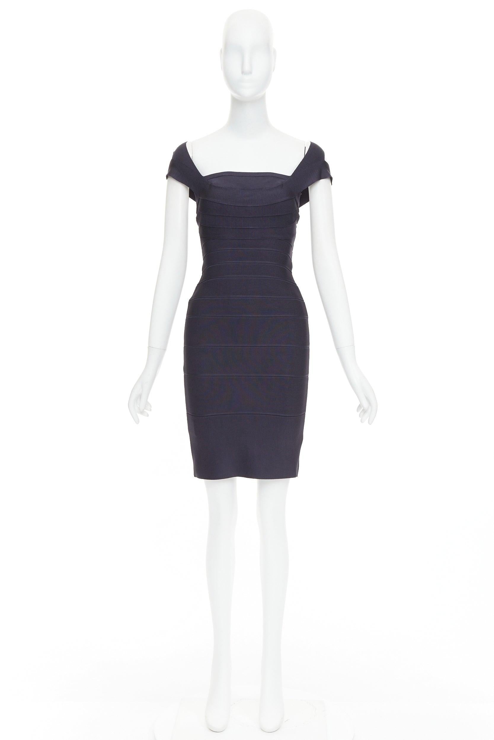 HERVE LEGER dark blue square neck bodycon bandage dress XXS For Sale 4