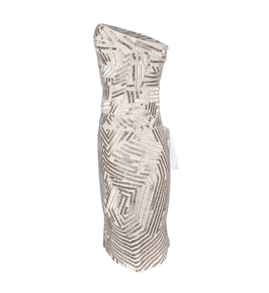 Herve Leger Dress Signature Bandage Strapless Silver Bugle Beads S For ...