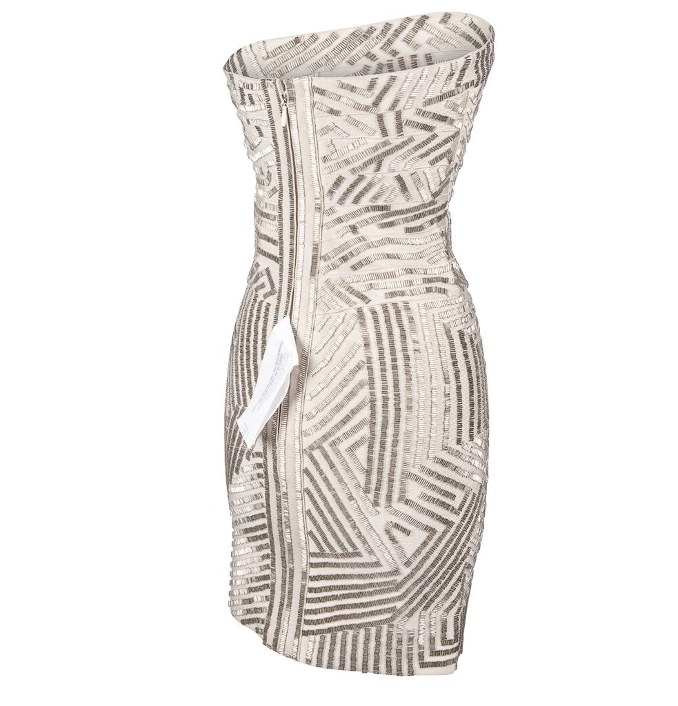 Herve Leger Dress Signature Bandage Strapless Silver Bugle Beads S In New Condition In Miami, FL
