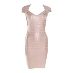 Herve Leger Dusty Rose Gold Foil Printed Tejana Bandage Dress XS