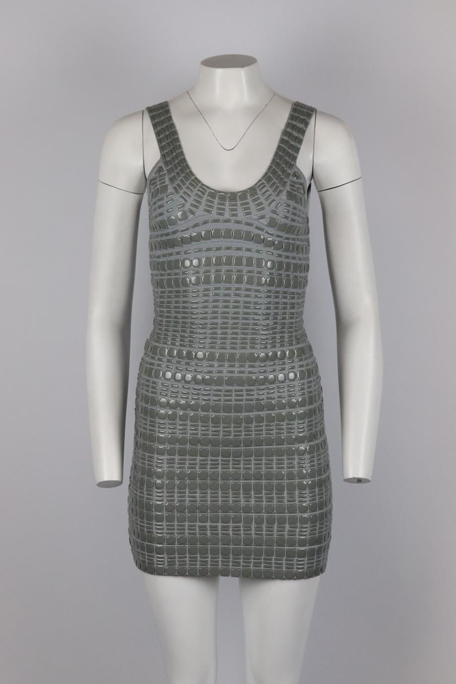 Herve Leger embellished bandage mini dress. Grey. Sleeveless, scoop neck. Zip fastening at back. Size: XSmall (UK 6, US 2, FR 34, IT 38). Bust: 30 in. Waist: 26 in. Hips: 36 in. Length: 33 in. Very good condition - Hem taken up. Composition label
