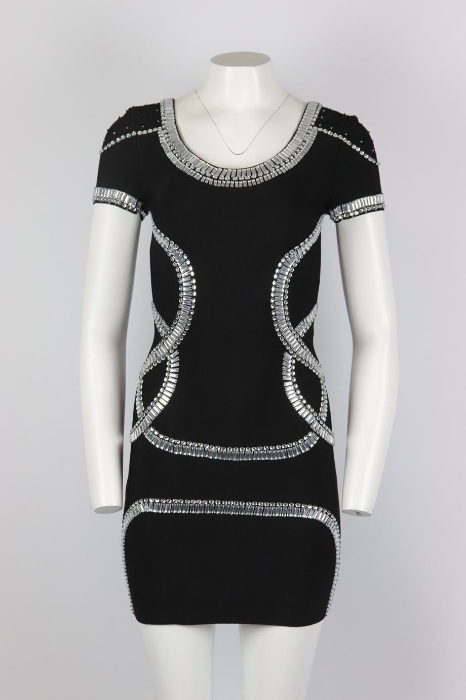 Herve Leger embellished stretch knit mini dress. Black. Short sleeve, scoop neck. Zip fastening at back. 90% Rayon, 9% nylon, 1% spandex. Size: Small (UK 8, US 4, FR 36, IT 40). Bust: 30 in. Waist: 28 in. Hips: 34 in. Length: 31 in. Very good