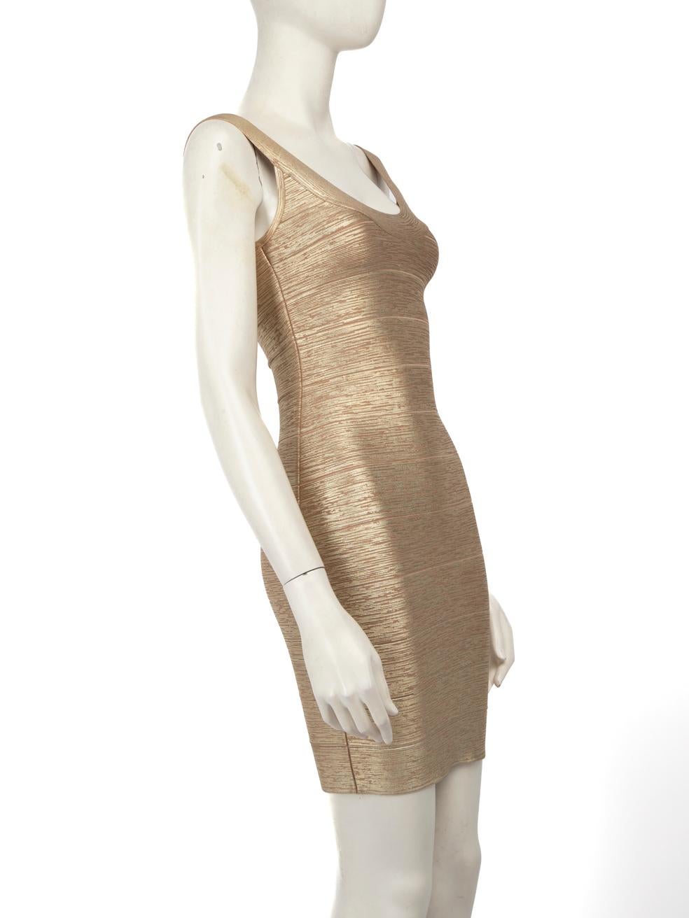 CONDITION is Never worn. No visible wear to the dress is evident on this new Herve Leger designer resale item.



Details


Gold metallic

Rayon

Bandage dress

Mini

Stretchy

Figure hugging fit

Sleeveless

Round neck

Back zip and hook