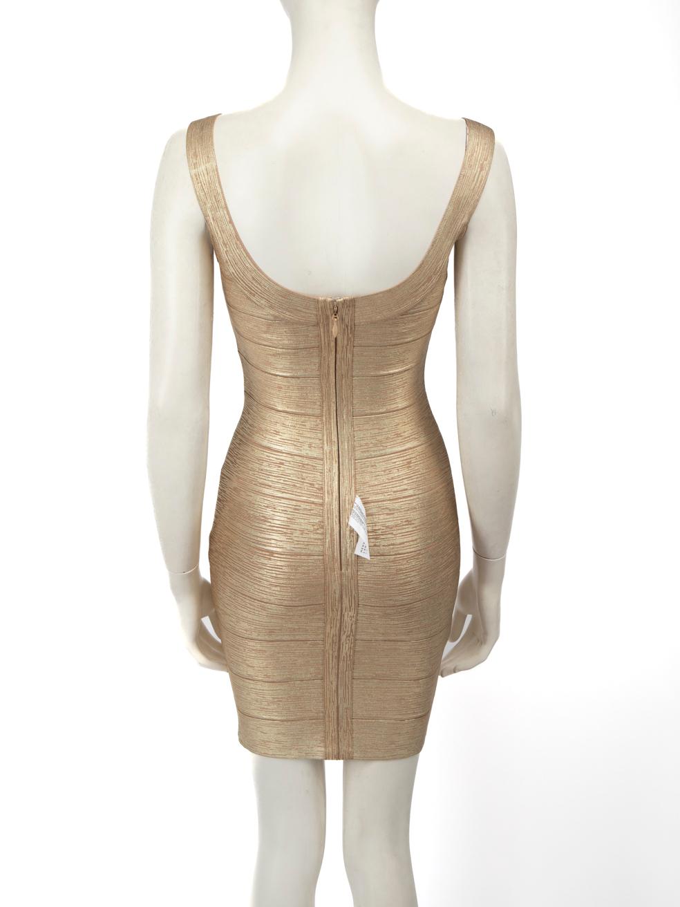 Brown Herve Leger Gold Bodycon Bandage Mini Dress Size XS