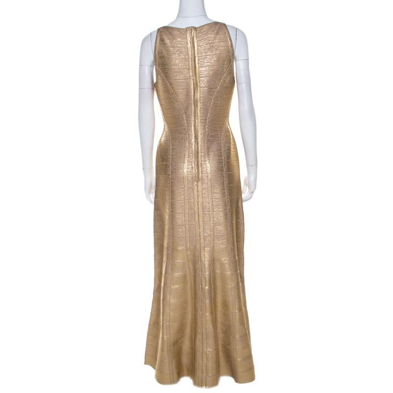 Herve Leger's Bandage creations are a craze amongst women around the world, and why not! This Gabriela gown is so beautiful you'll look like a dreamy vision every time you slip into it. Flaunting a gold-brushed effect with the signature bandage