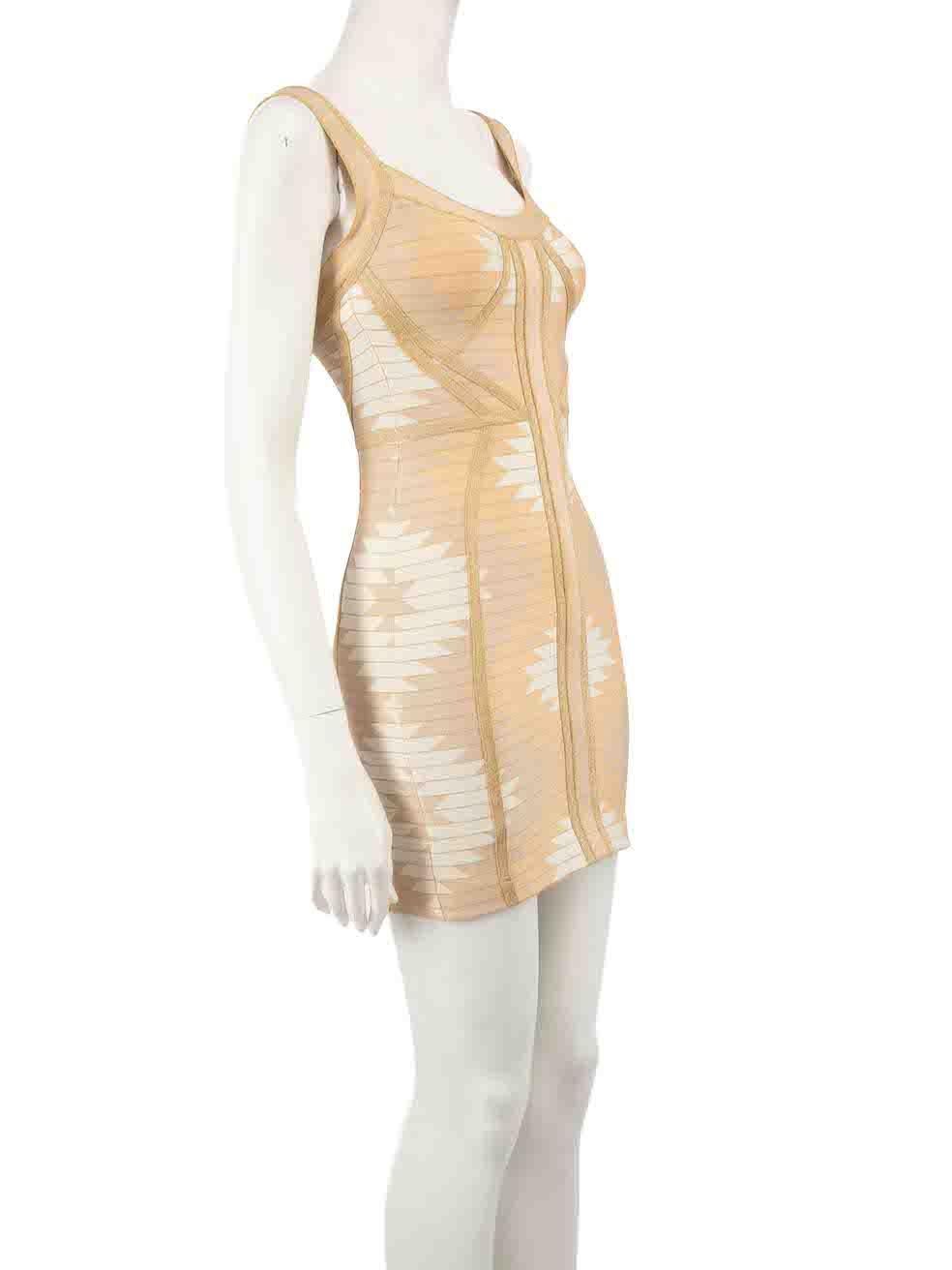 CONDITION is Very good. Minimal wear to dress is evident. Minimal wear to the front, back and shoulder straps with plucks to the weave on this used Herve Leger designer resale item.
 
 
 
 Details
 
 
 Beige
 
 Rayon
 
 Bandage bodycon dress
 
