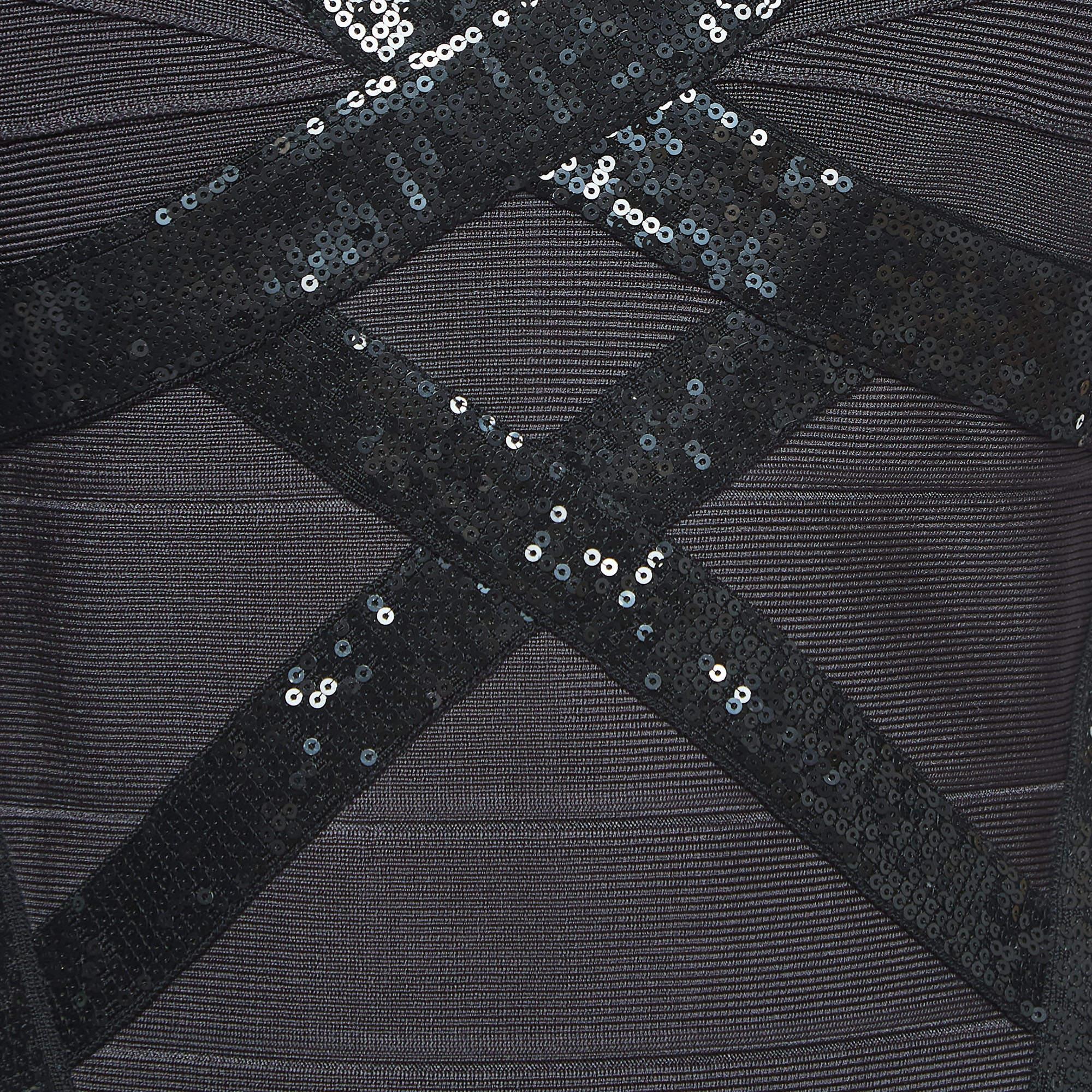 Herve Leger Grey Sequin Embellished Knit Cap Sleeve Bandage Dress M For Sale 1