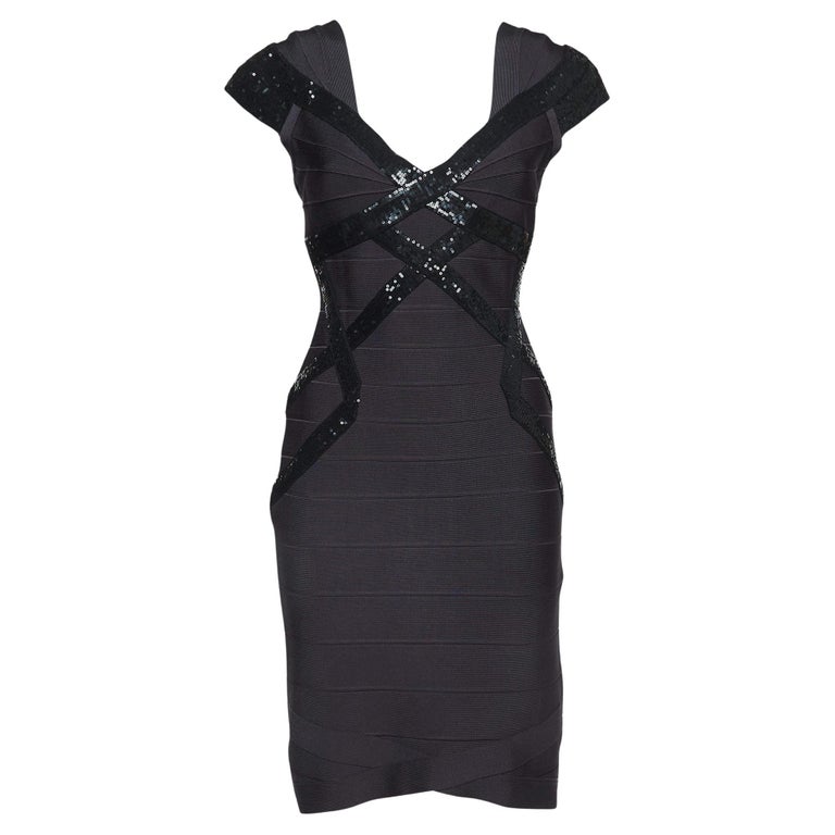 Herve Leger Grey Sequin Embellished Knit Cap Sleeve Bandage Dress M at  1stDibs