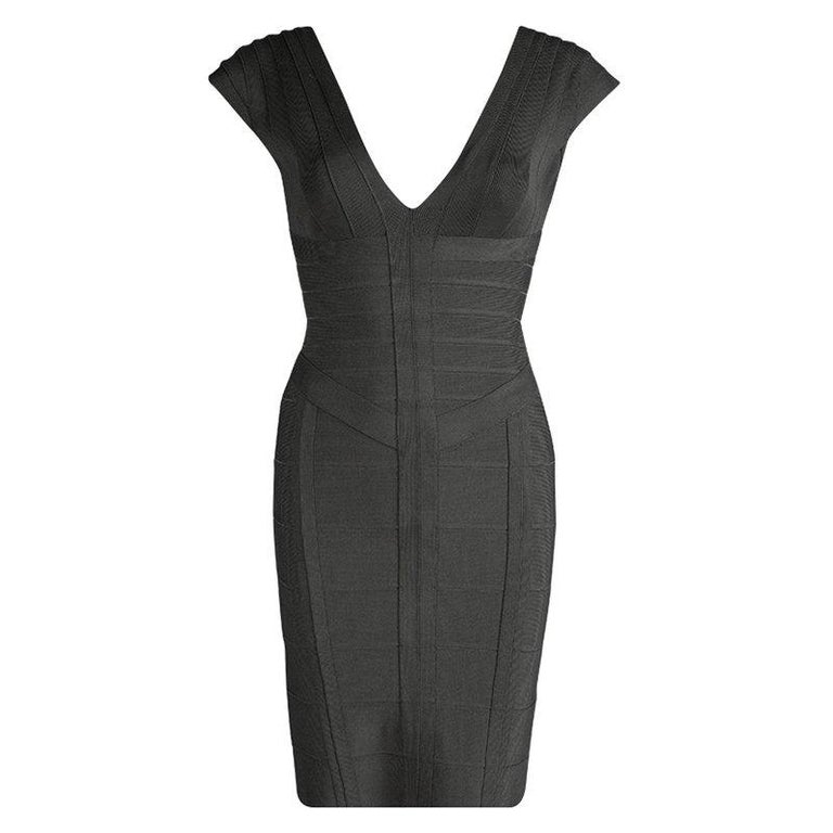 Herve Leger Grey Shadow V-Neck Bandage Dress S For Sale at 1stDibs ...