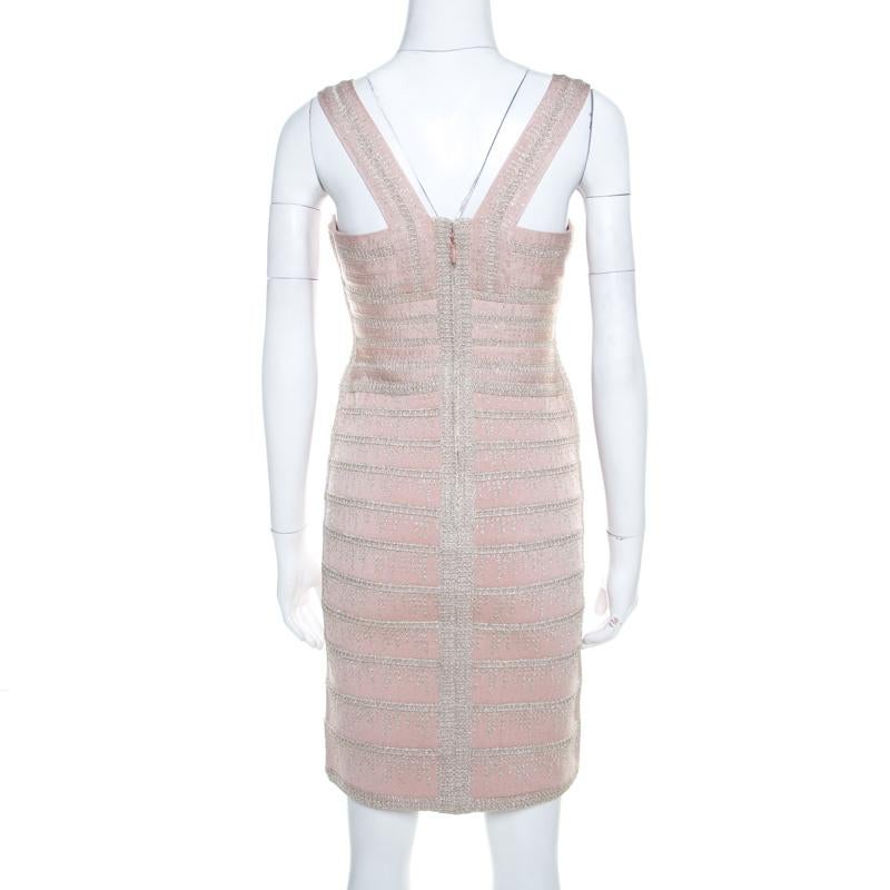 Gray Herve Leger Light Pink and Metallic Crochet Knit Alyia Bandage Dress M