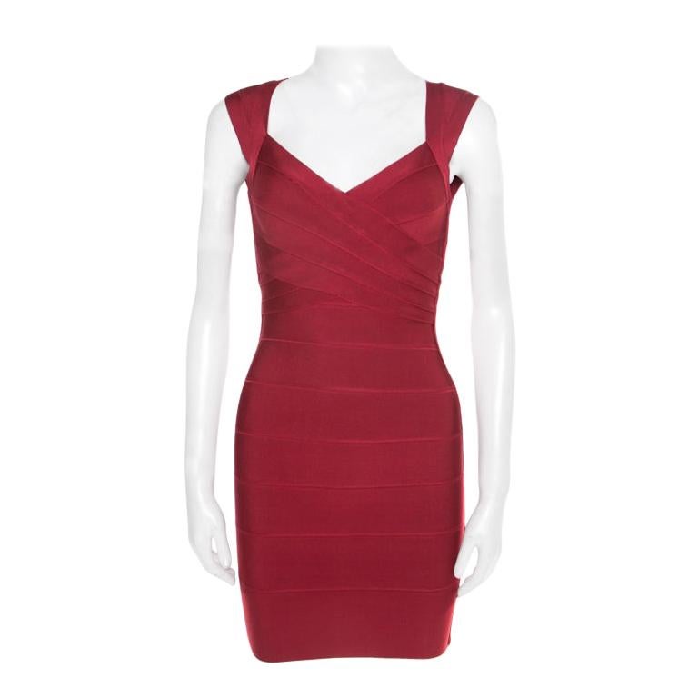 Herve Leger Lipstick Red Cutout Back Detail Sleeveless Bandage Dress